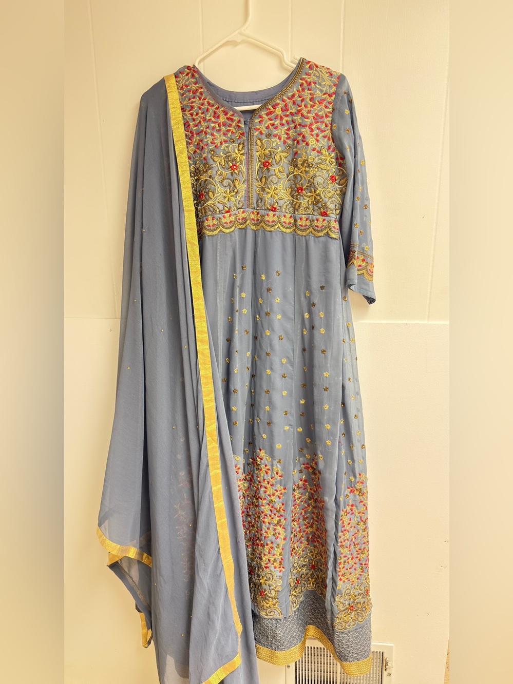 2 piece Embroidered Sky Blue Women's Anarkali Dress with Dupatta